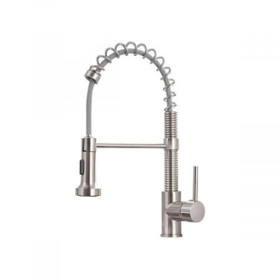 Kitchen Faucets Low Lead Commercial Solid Brass Single Handle Single Lever Pull Down Sprayer Spring Kitchen Sink Faucet, Brushed Nickel