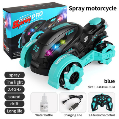 2.4G spray stunt RC car toy high speed Drift sport rechargeable cool lighting music 360 degree turn child gift (Blue)