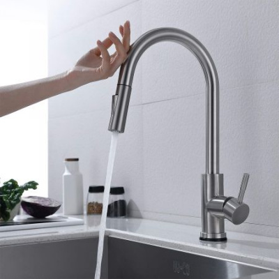 Touch On Kitchen Faucet with Pull Down Sprayer Latest Upgrade SUS304 Stainless Steel Smart Kitchen Sink Faucets with Deck Plate -Brushed Nickel