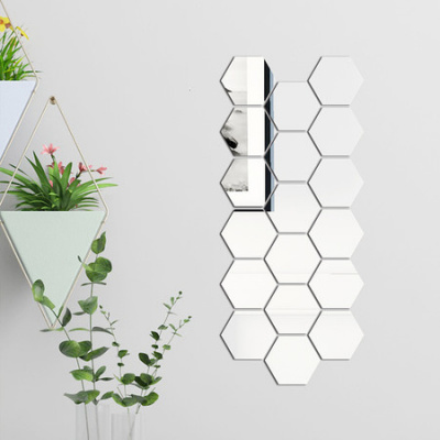 12P Silver Acrylic Hexagon Plastic Mirror 3D Wall Decor Stickers Tiles self Adhesive Decorations