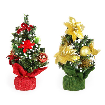 2x 20cm Tabletop Christmas Tree Small Artificial Tree with Balls, Stand LED Lights