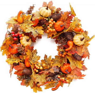Fall Wreath for Front Door, 19.5" Artificial Fall Door Wreath for Halloween Thanksgiving Festival Decor Wreath