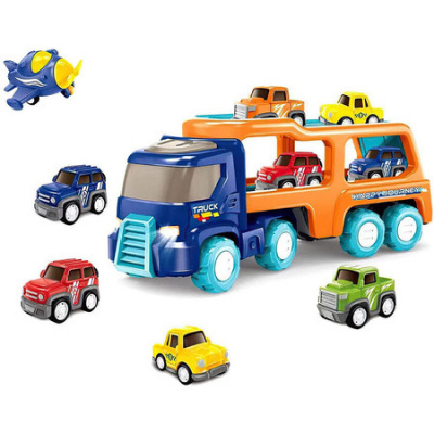Transport Car Carrier Truck Toy with 4 Cute Pull Back Truck, Colorful Assorted Vehicles Playset for Boys Toddler